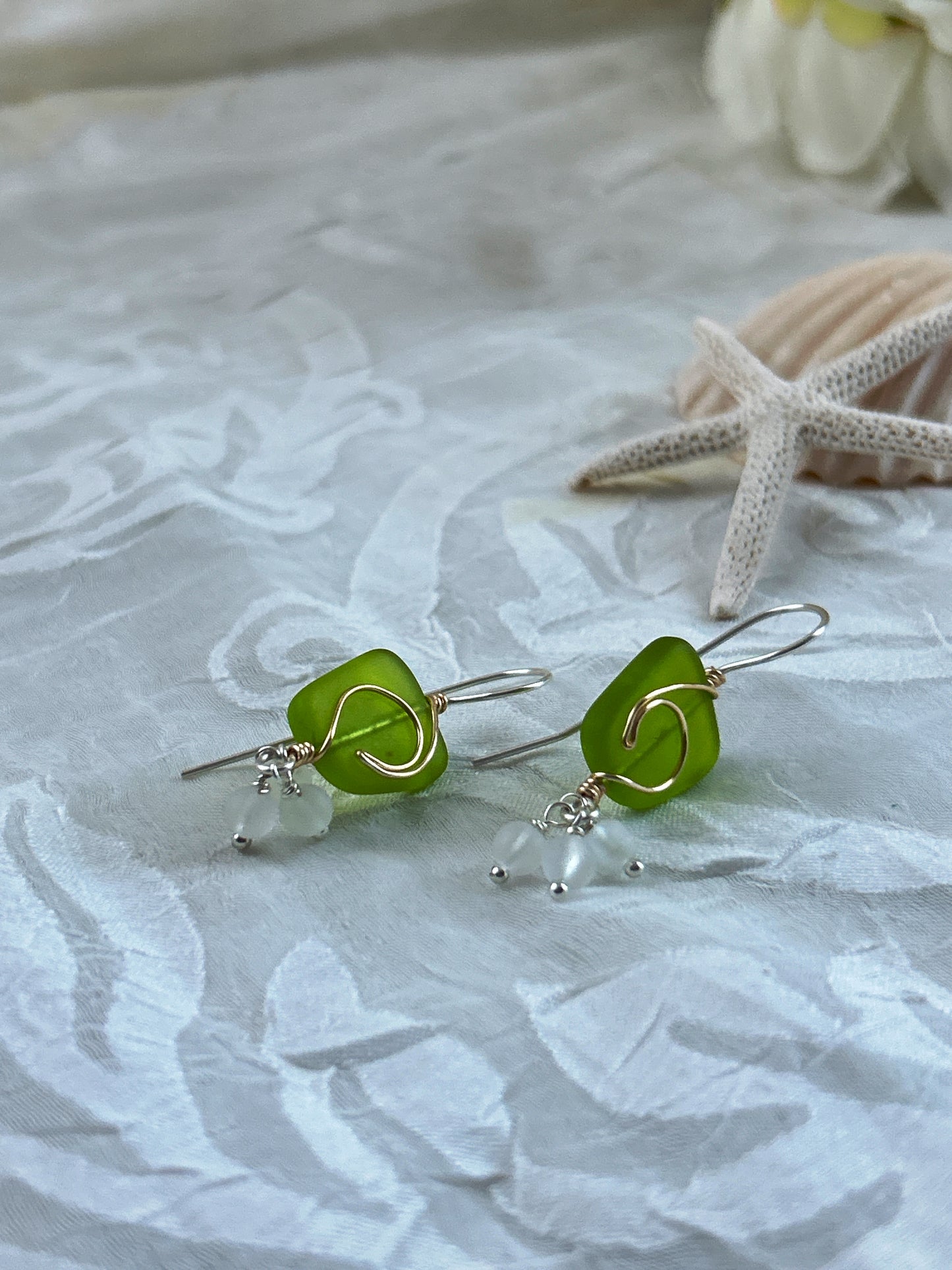 Sea Glass Freeform Lime Green Rip Curl Wave Boho Earring