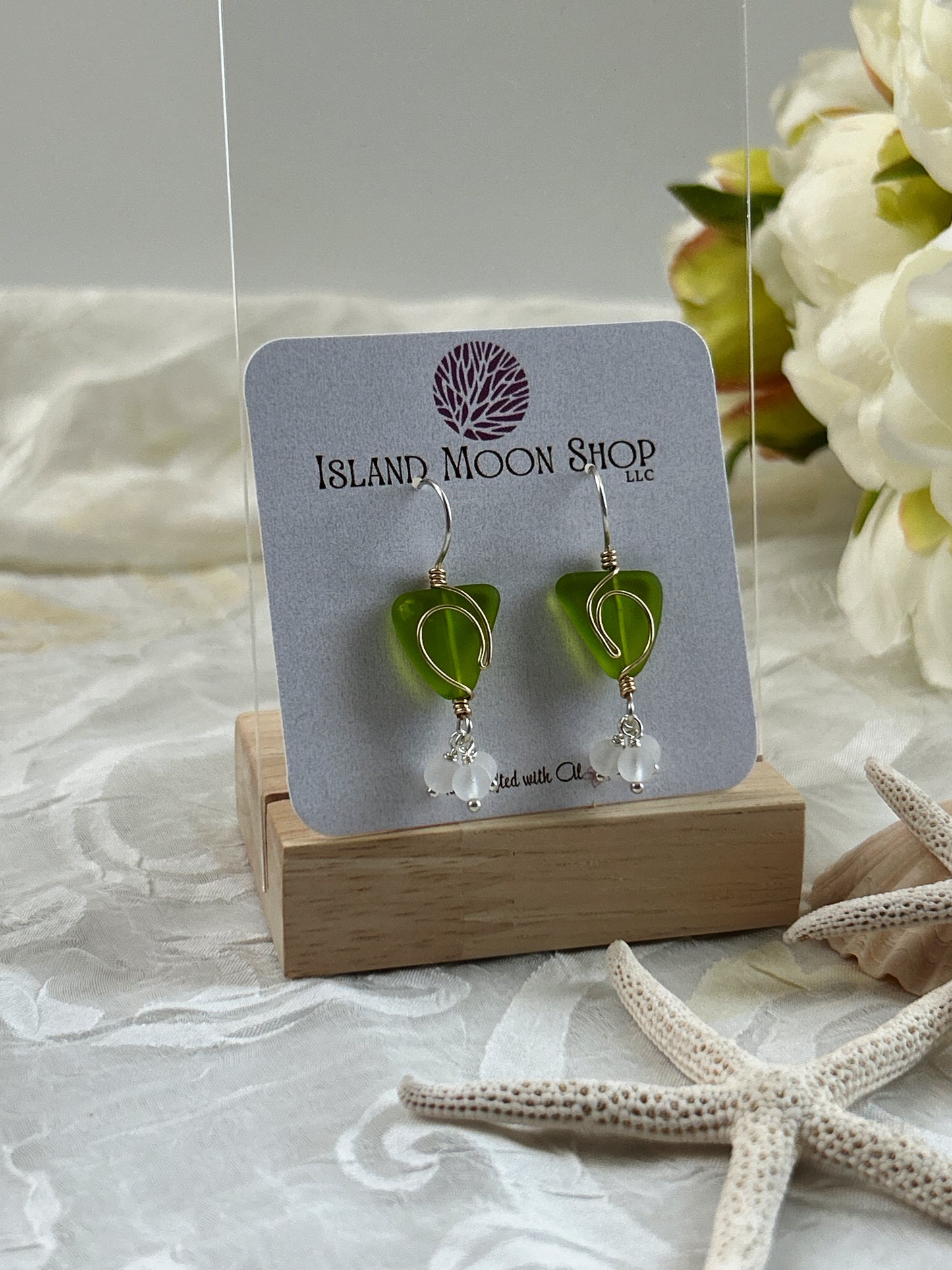 Sea Glass Freeform Lime Green Rip Curl Wave Boho Earring