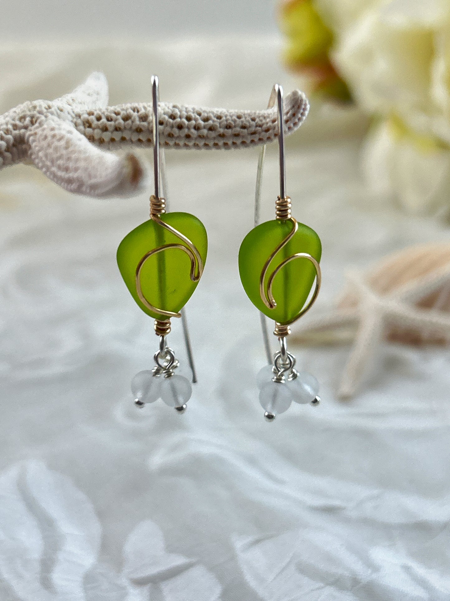 Sea Glass Freeform Lime Green Rip Curl Wave Boho Earring