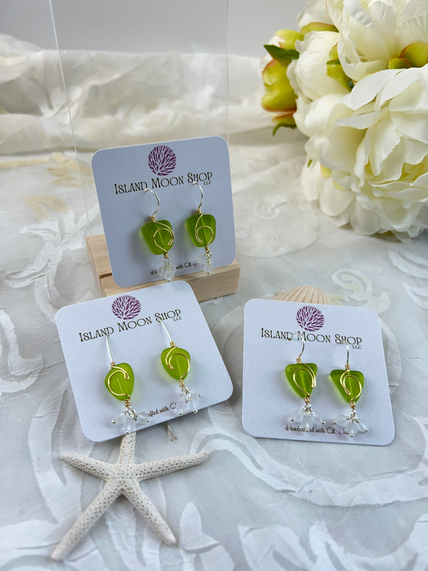 Sea Glass Freeform Lime Green Rip Curl Wave Boho Earring