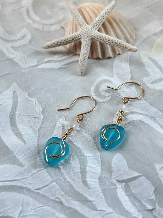 Sea Glass Freeform Light Blue Rip Curl Wave Boho Earring