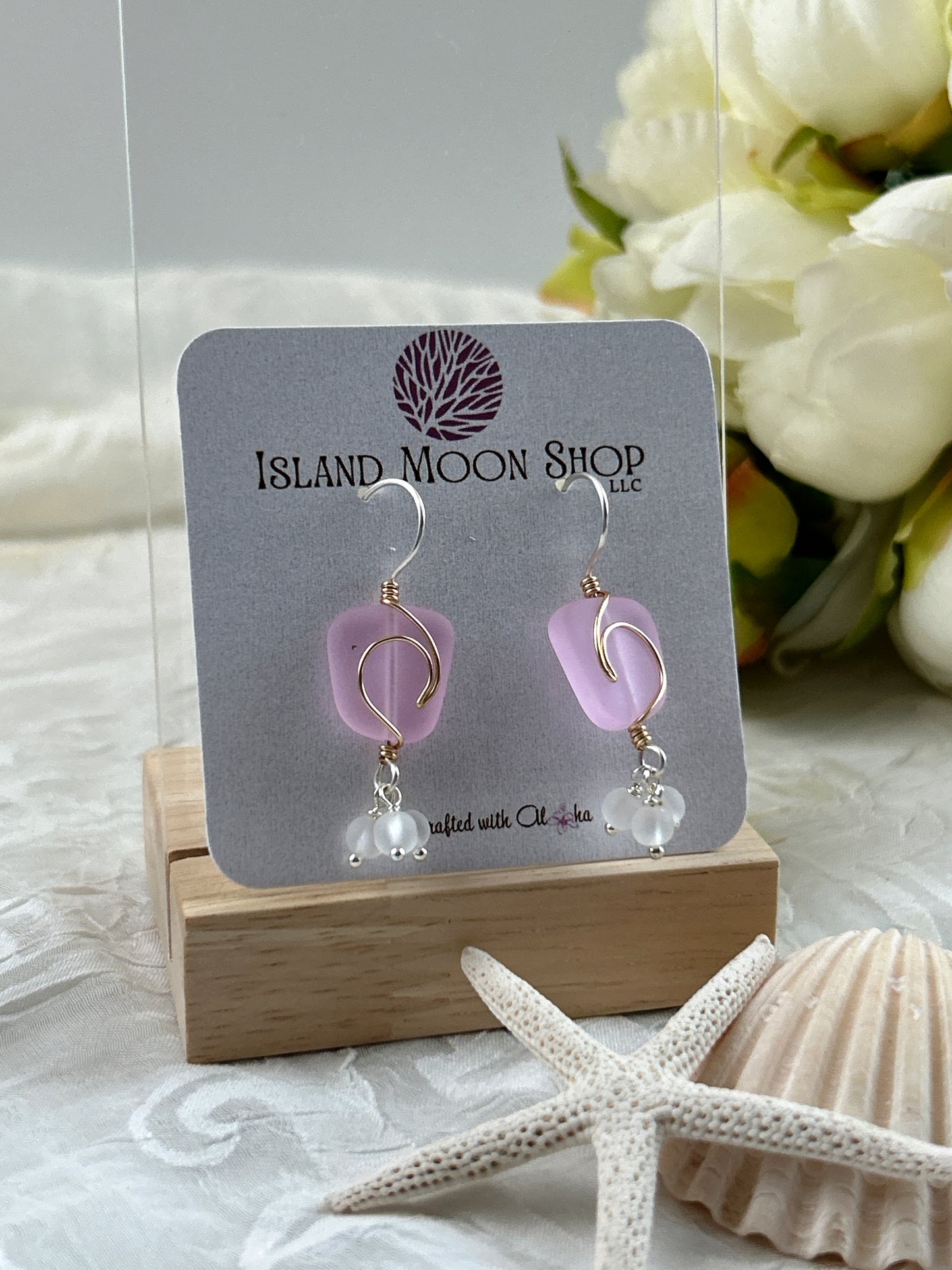 Sea Glass Freeform Pink Rip Curl Wave Boho Earring