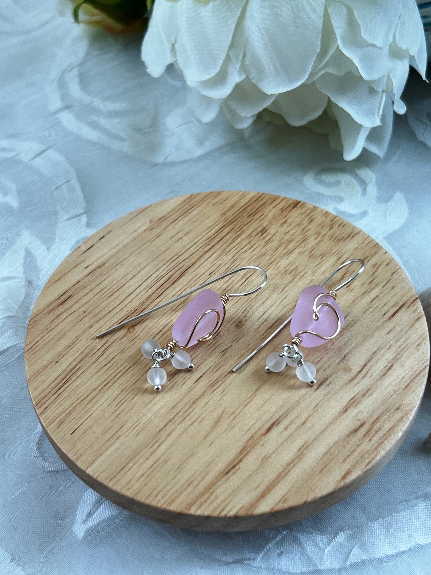 Sea Glass Freeform Pink Rip Curl Wave Boho Earring