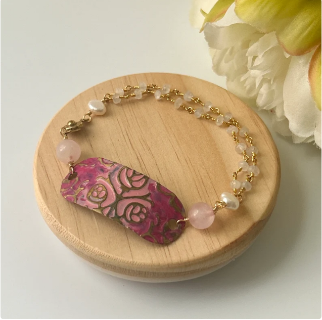 Rose Quartz Moonstone Rose Mixed Metal Bracelet