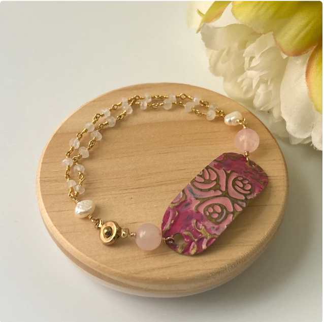 Rose Quartz Moonstone Rose Mixed Metal Bracelet