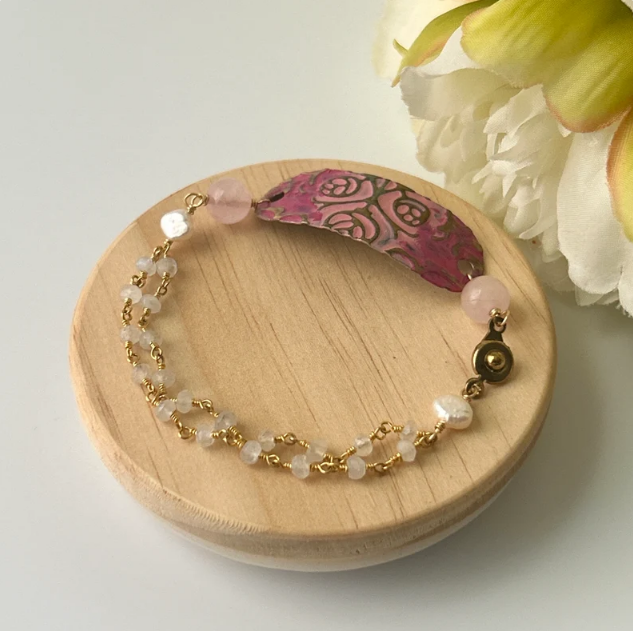 Rose Quartz Moonstone Rose Mixed Metal Bracelet