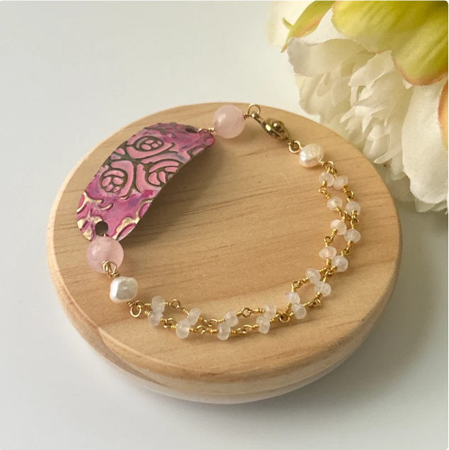 Rose Quartz Moonstone Rose Mixed Metal Bracelet