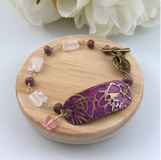 Rose Quartz Rhodochrosite Lotus Mixed Metal Bracelet