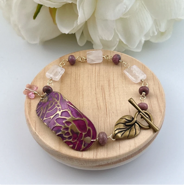 Rose Quartz Rhodochrosite Lotus Mixed Metal Bracelet