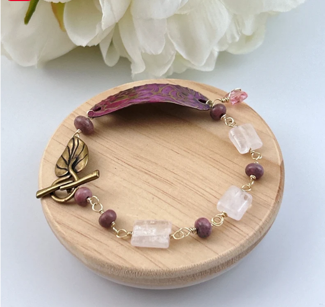 Rose Quartz Rhodochrosite Lotus Mixed Metal Bracelet