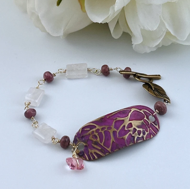 Rose Quartz Rhodochrosite Lotus Mixed Metal Bracelet