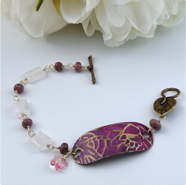 Rose Quartz Rhodochrosite Lotus Mixed Metal Bracelet