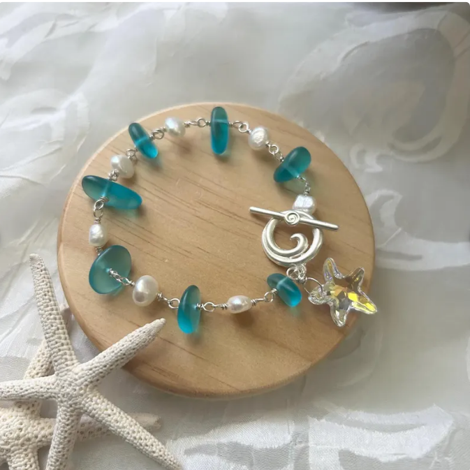 Sea Glass Starfish Ocean Life Wave Toggle Bracelet