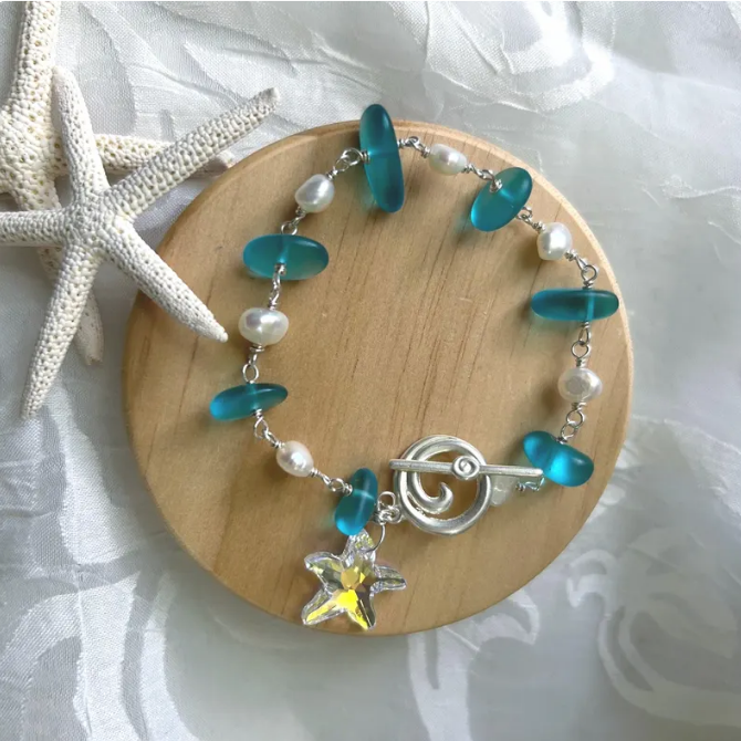 Sea Glass Starfish Ocean Life Wave Toggle Bracelet