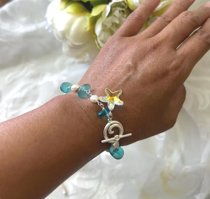 Sea Glass Starfish Ocean Life Wave Toggle Bracelet