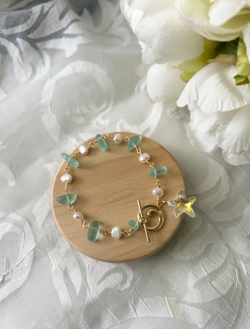 Sea Glass Starfish Ocean Life Wave Toggle Bracelet